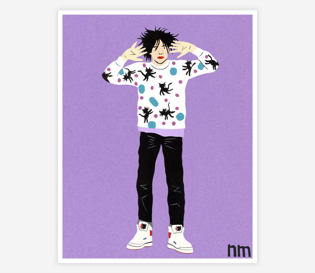 Print of Robert Smith from The Cure wearing a white sweater with black cats, black pants, and white sneakers on a purple background.
