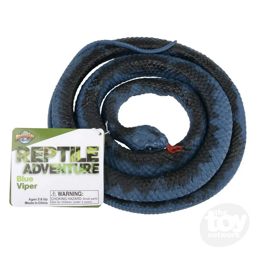 The Blue Viper rubber snake in a coiled position showing blue scales and black markings, with a hang tag that reads "Reptile Adventure, Blue Viper"