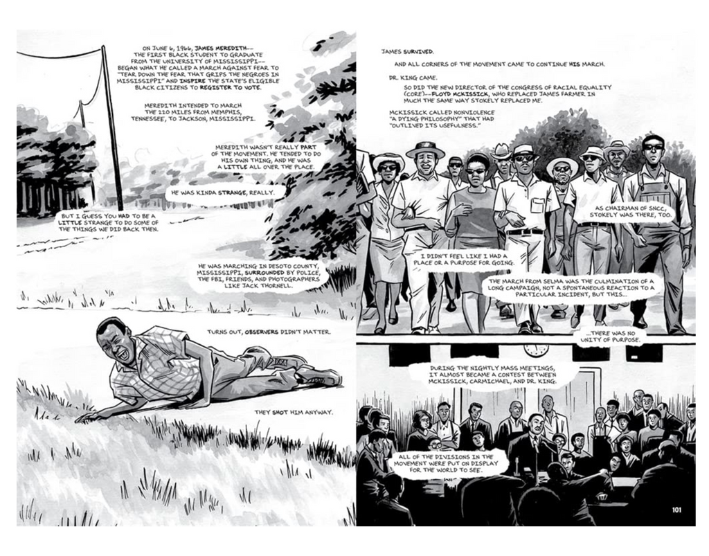 Page of graphic novel "Run: Book One" by John Lewis, Andrew Aydin, L. Fury, and Nate Powell.