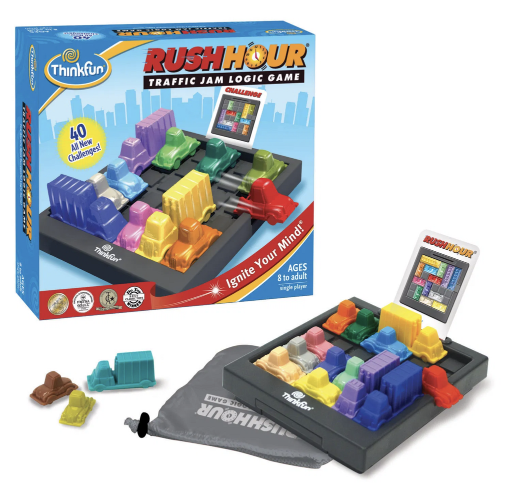 Rush Hour game box with game tray, colorful cars, and challenge cards.