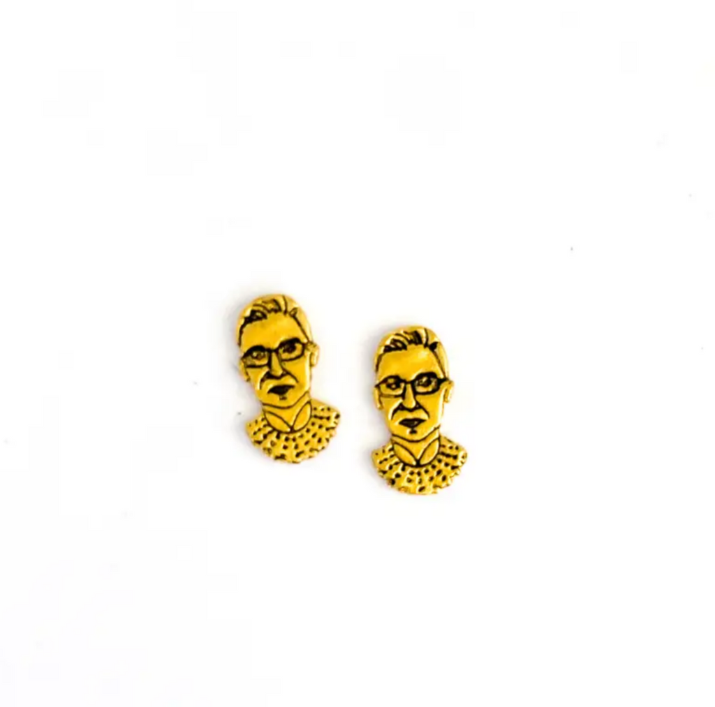 14K Gold stud earrings with a stamped image of Ruth Bader Ginsburg's face and collar.