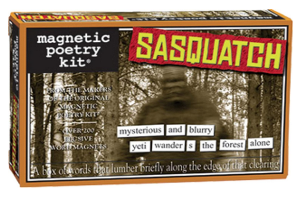 Sasquatch Magnetic Poetry Kit, the box has a characteristically blurry picture of Sasquatch in the woods. There are also word magnets describing the infamous creature. 