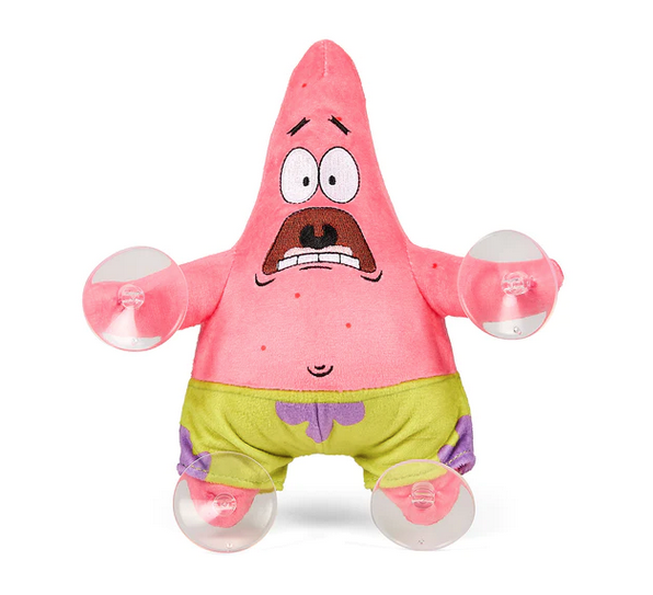 Front view of plush Patrick Star with a scared expression on his face and clear suction cups on his hands and feet. 