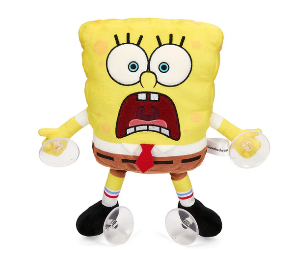 Front view of plush SpongeBob Squarepants with a scared expression on his face and four clear suction cups on each of his hand and feet. 