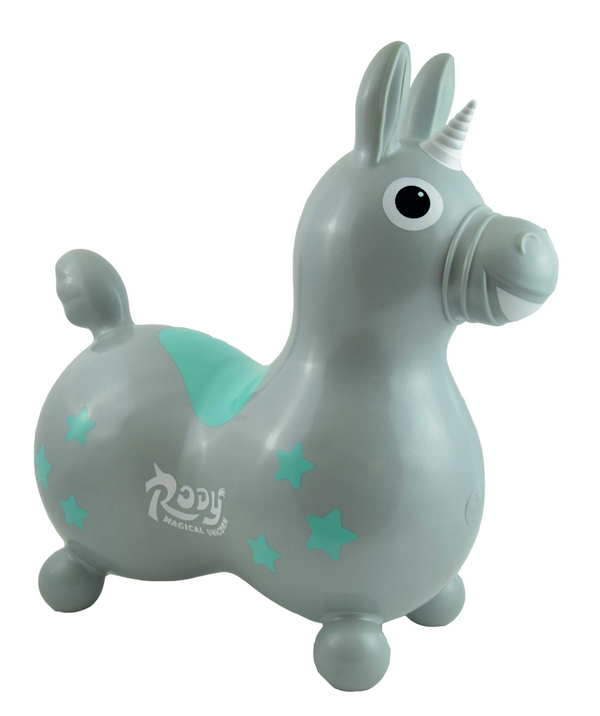 Silver unicorn Rody sit on inflatable toy.