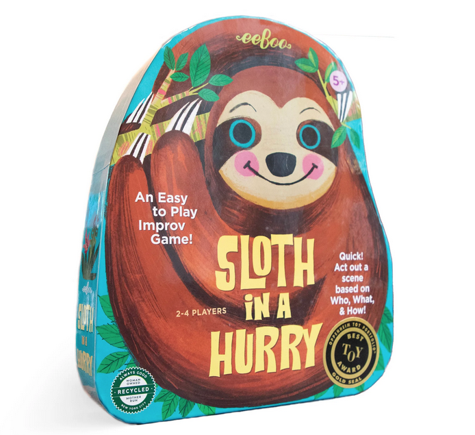 Sloth in a Hurry game box with a lovely illustration of a sloth. 