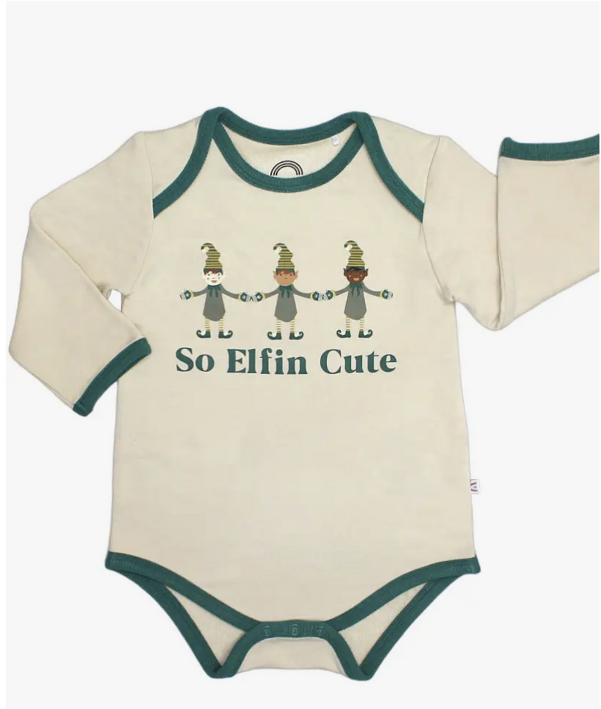 Long sleeved onesie in cream wirh dark green around color. Onesie has 3 elves holding hands with text So Elfin Cute.