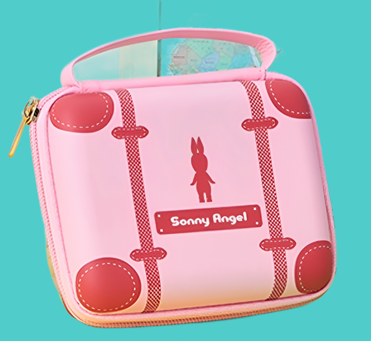 Light and dark pink zippered Sonny Angel carrying case with handle. 