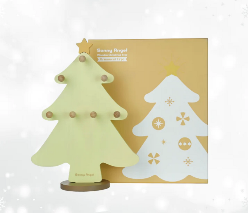 Light green wooden christmas tree with a star topper shaped display to hang Sonny Angel holiday ornaments.