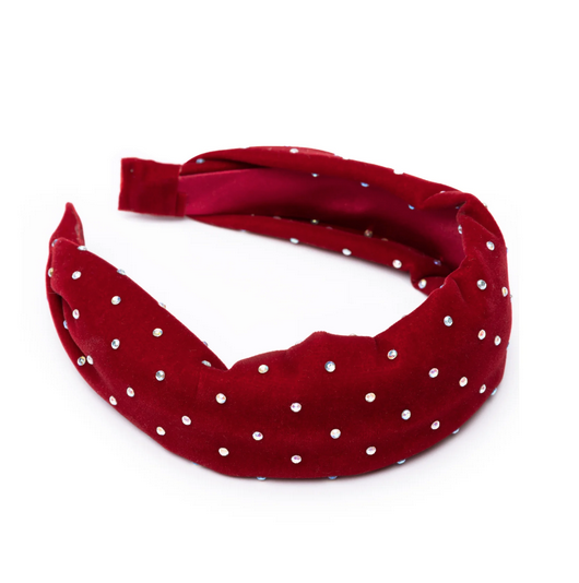 Red velvet headband with crystal gems. 