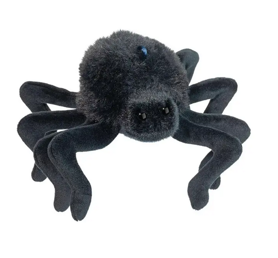 Specter the Spider finger puppet with furry black body and eight long legs. 