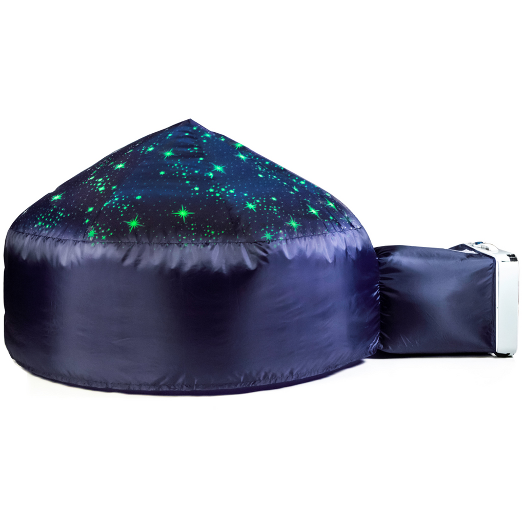 Inflated Starry Night Airfort indoor tent. Airfort is dark blue with glow in the dark stars on the roof.