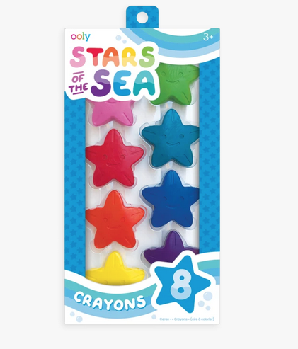 Box of 8 Stars of the Sea crayons. Crayons are starfish shaped and have smiling faces.