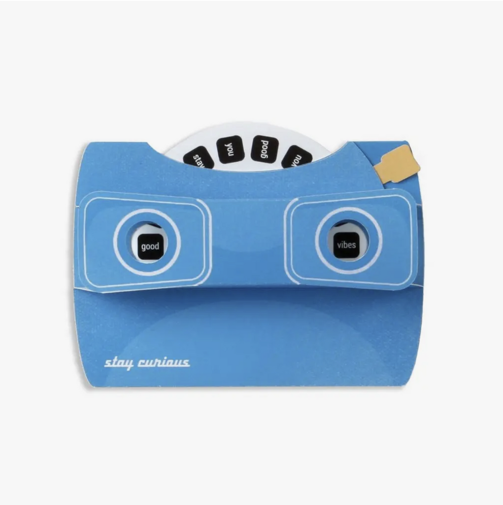 Pop Up card looks like a blue view master toy. Front reads stay curious. Spin the disk to show different messages in the view finders.