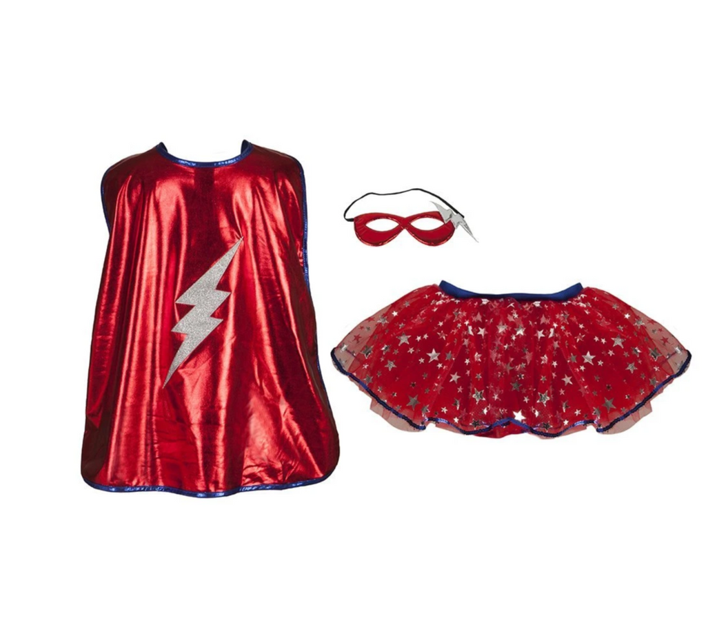 Dress up set of a shiny red cape witj a glitter lightning bolt on the back, a red eye mask, and a red tutu with gold stars all over.
