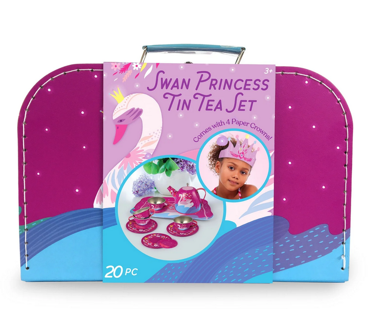 The Swan Princess Tea Set in lovely purple, lavender and blue colors. Complete with saucers, plates and a serving tray. All the pieces store perfectly in the beautifully printed and stitched suitcase.