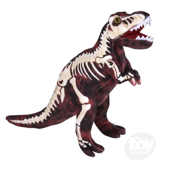 Standing T Rex plush with skeleton print over a brownish red fabric. 