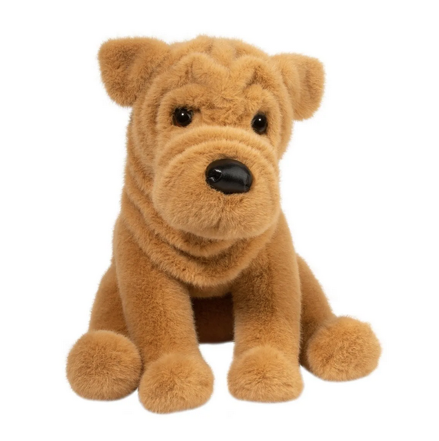 Shar-Pei plush dog Tater has tipped over ears, big brown eyes, short tan fur, and a curly tail.