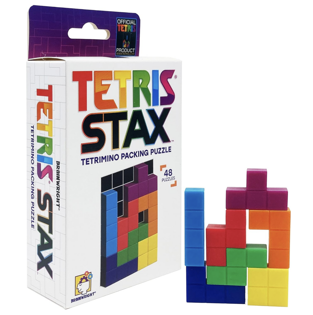 Box for Tetris Stax with with colorful lettering and an example of a puzzle in progress. There is also a sample puzzle beside the box. 