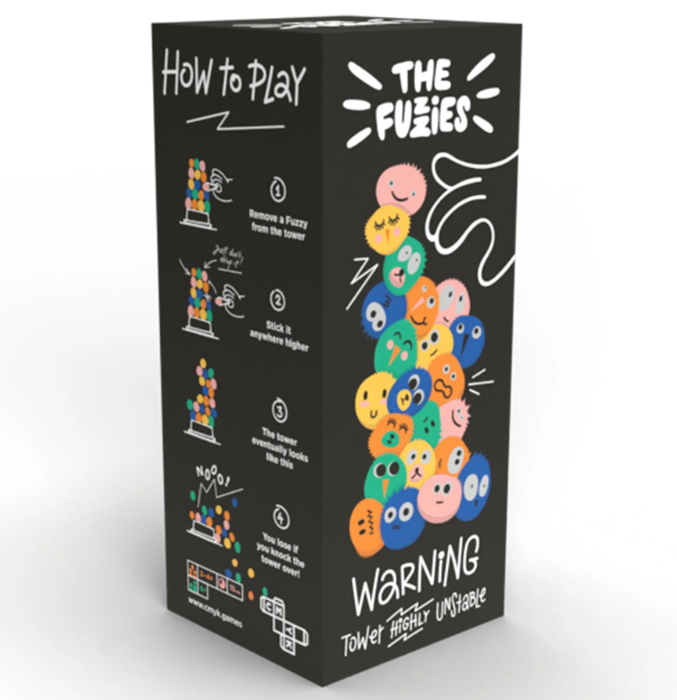 The Fuzzies game box with an illustration of the game in play, with it's fuzzy plush balls used to build a tower.