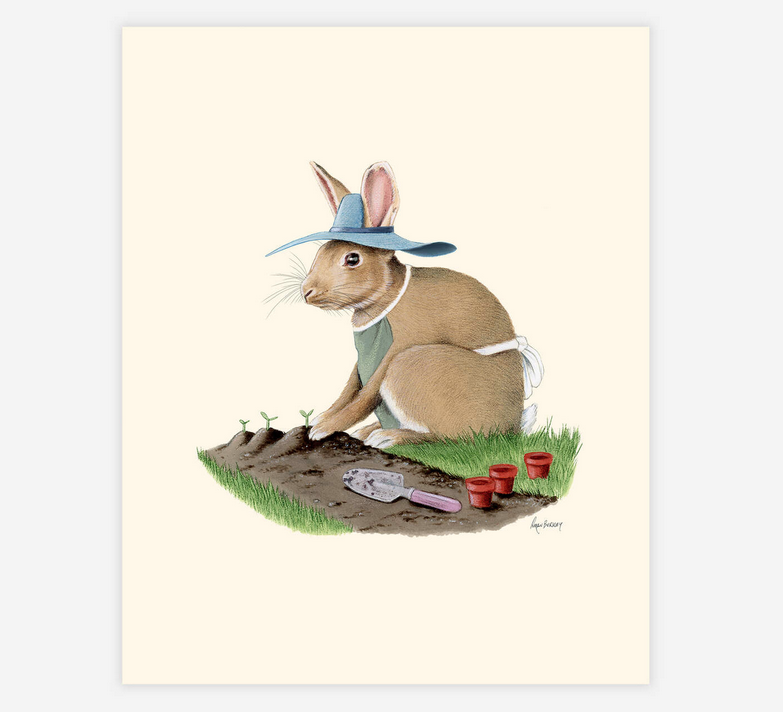 8 x 10 print of an illustrated rabbit wearing a sun hat and a smock planting carrots in the garden.