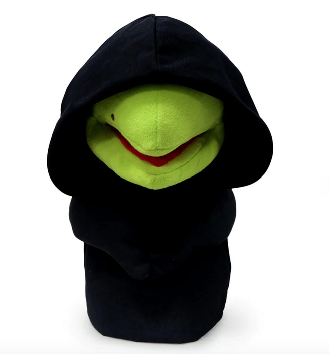 Kermit the Frog as Constantine plush puppet, here his black robe and hood is covering everything but his green frog nose and mouth. 