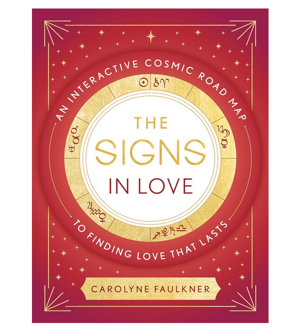 Cover of "The Signs In Love"  The background is a dark red with a zodiac chart surrounding the title. 