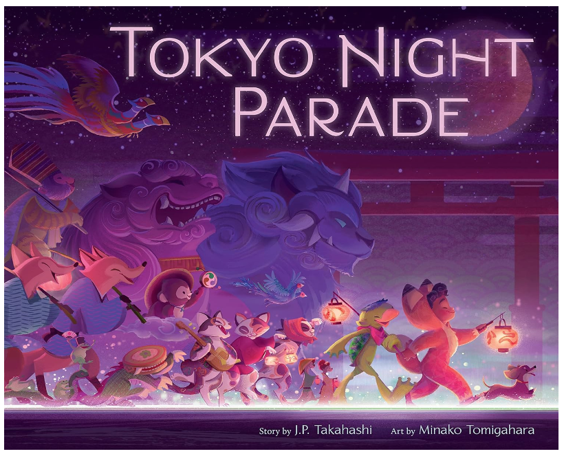 Beautifully illlustrated cover of Tokyo Night Parade with deep purple hues and a wonderful parade. 