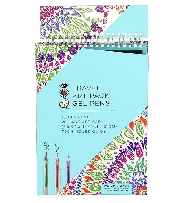 Cover of the Travel Art Pack Gel Pens and pad. It is a pretty light teal with illustrations of leaves, flowers and rainbows. 