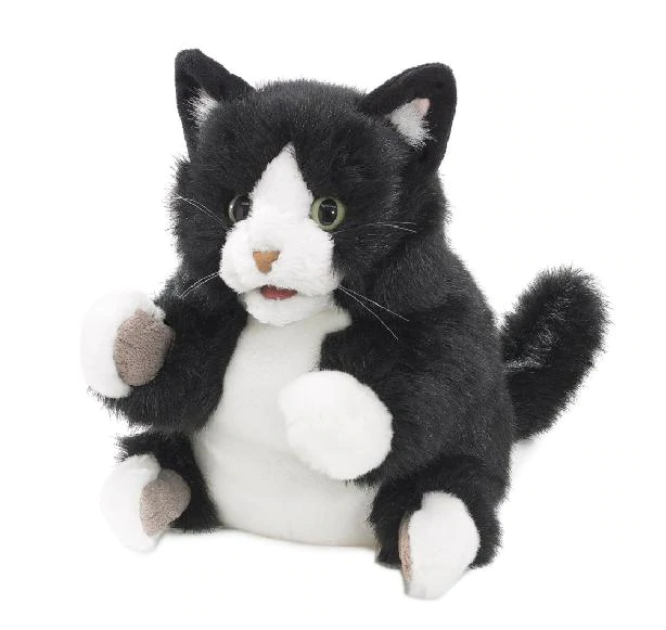Tuxedo Kitten hand puppet sitting up with soft black and white fur.