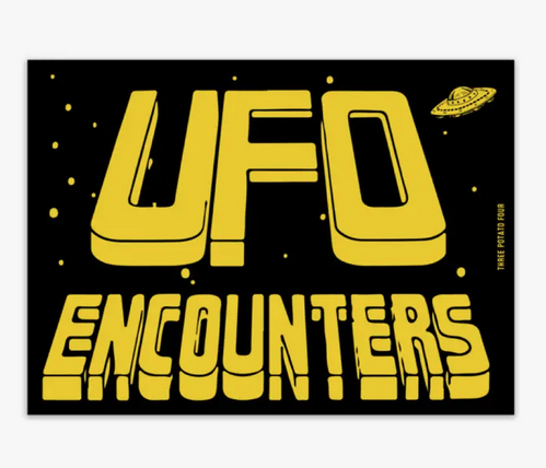 Big gold letters that read "UFO Encounters" on a black background with a tiny flying saucer.
