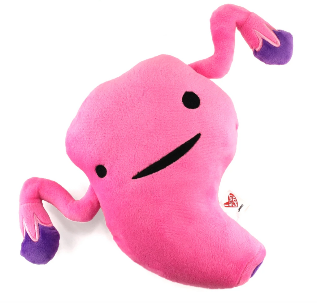 Plush pink anatomical uterus and fallopian tubes with black embroidered eyes and mouth.