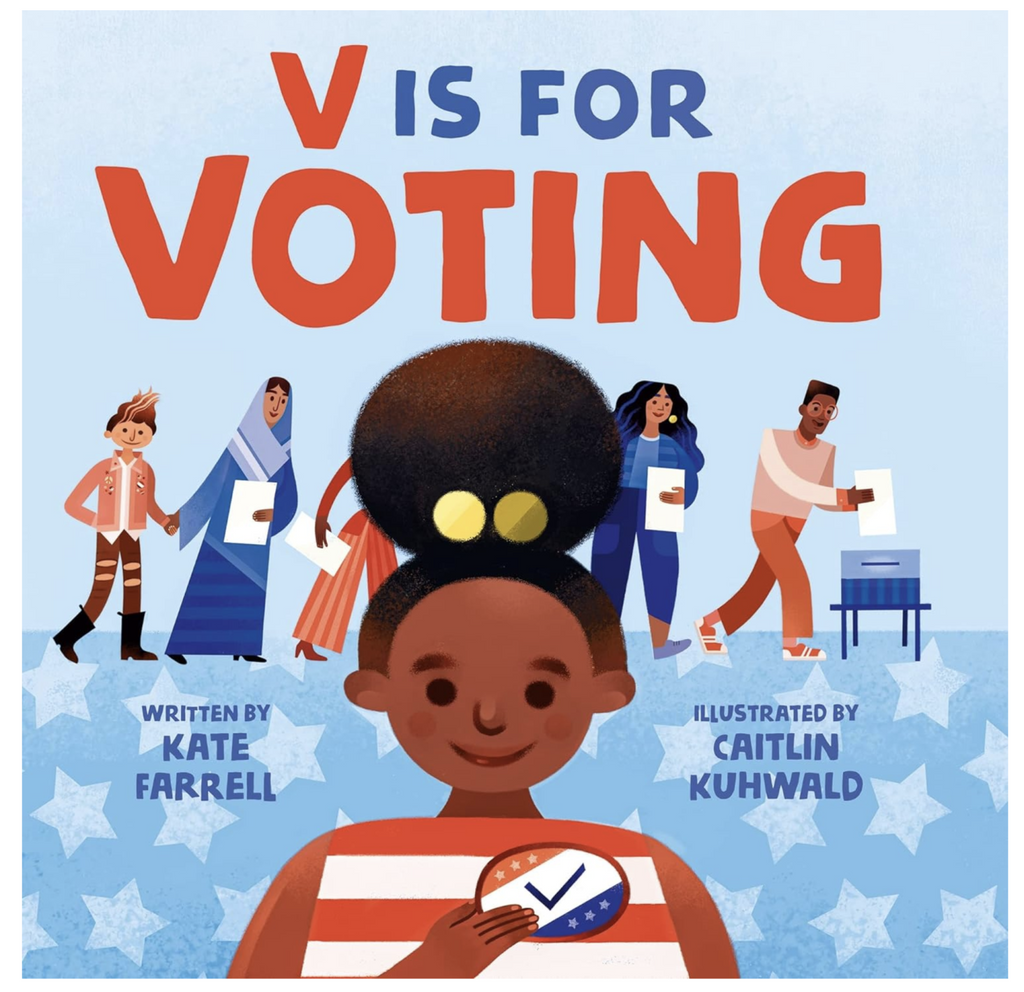 Board book cover with illustration of all types of people waiting in line for their turn to vote. In the foreground is a young black woman whos has just voted and received her I voted sticker. 