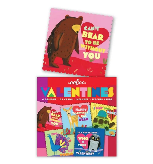 Valentines Assortment box with a card removed that has an illustration of a bear on it that reads " Can't Bear To Be Without You"