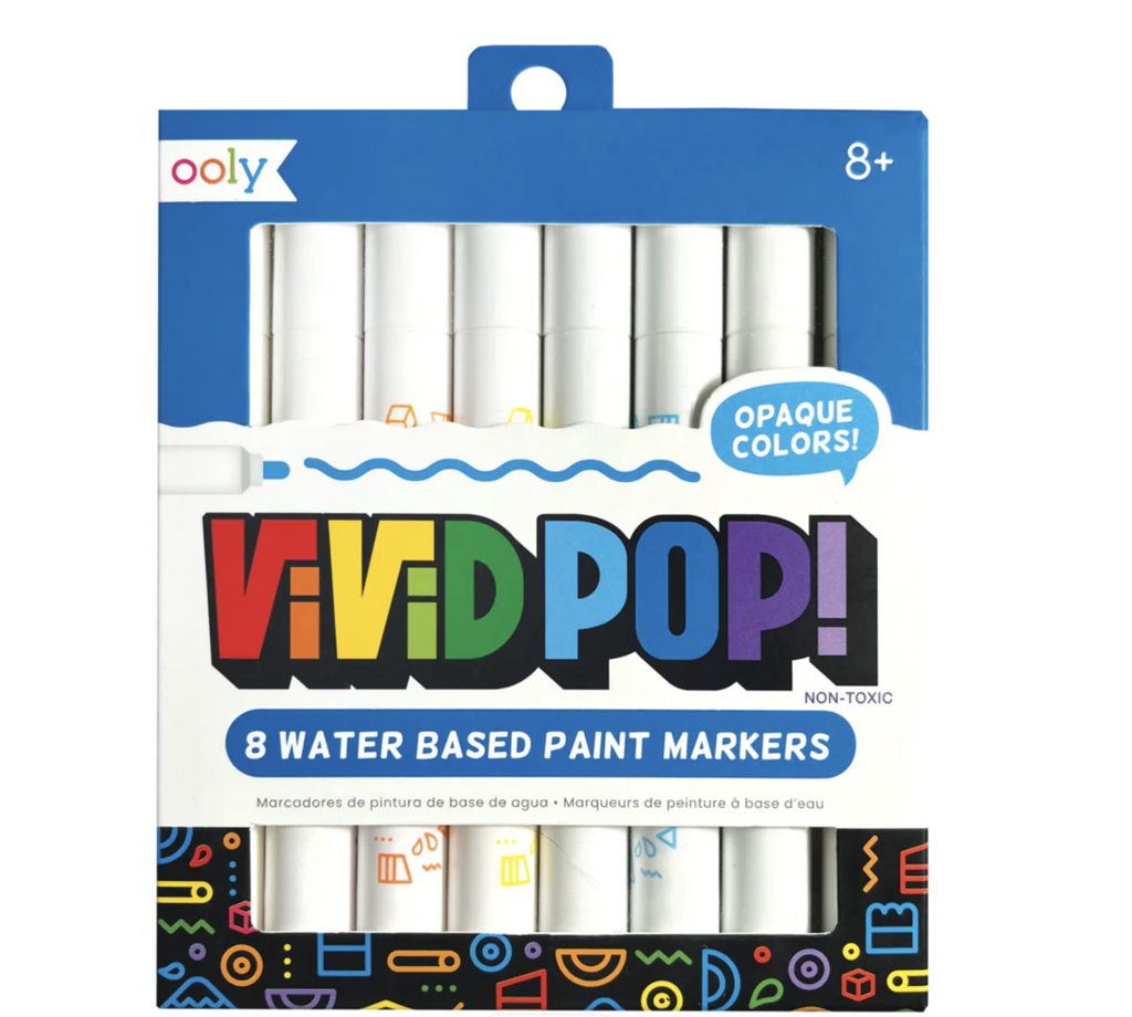 Vivid Pop 8 water based paint markers in display box.