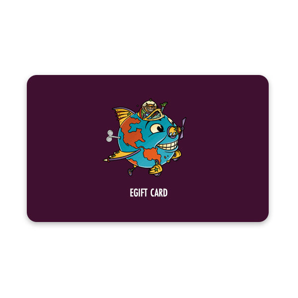 Gift card for website use only is burgundy with our Planet Ship logo. Online gift cards may not be used in physical store.