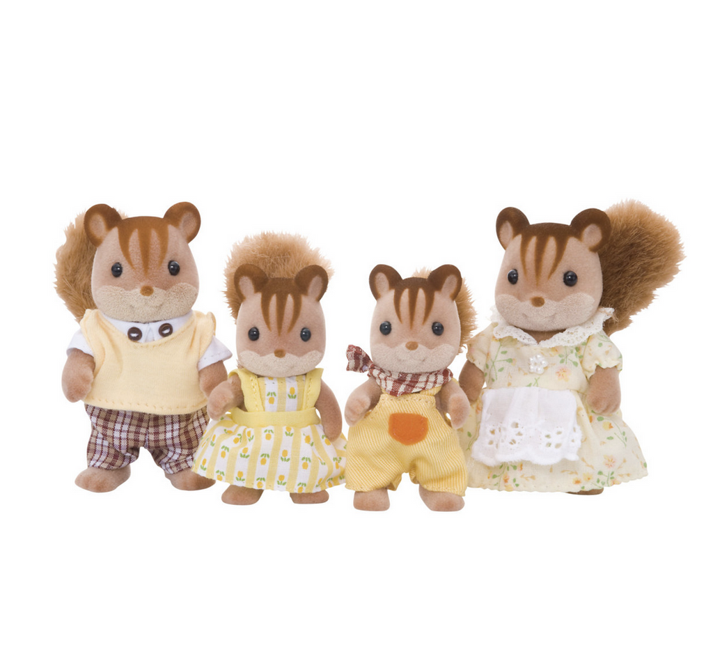 Walnut Squirrel Family by Calico Critters features 4 flocked critters- 2 adults and 2 children in yellow and white clothing.