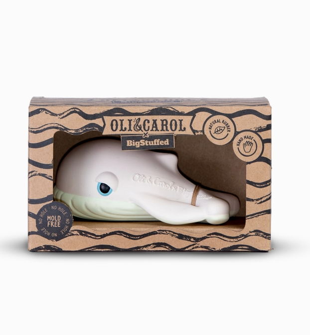 Walter the Whale packaged in a cardboard box with open window.  