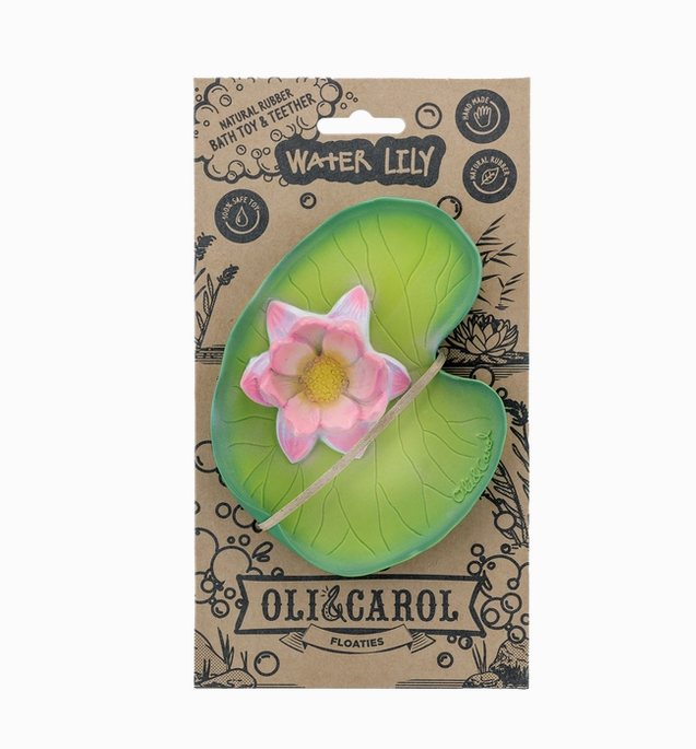 The Water Lily teether toy attached to a cardboard hangcard. 