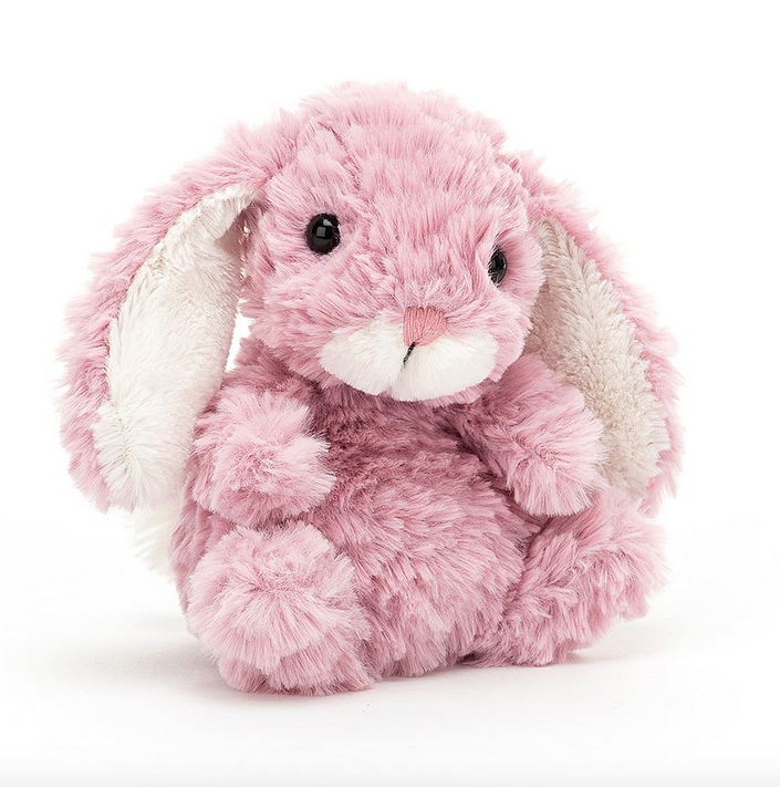 Plush Yummy Bunny in a purply, pink shade with scruffy fur, white inside it's ears and a little belly. 