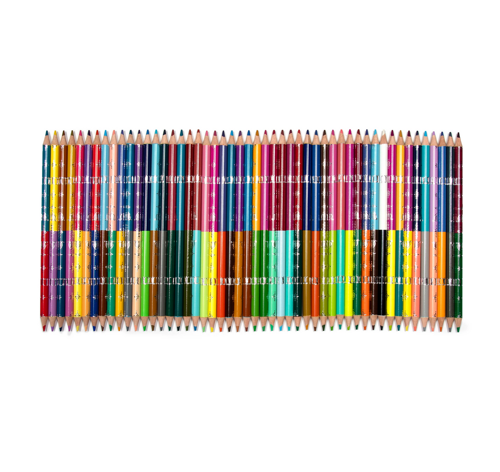 50 double sided colored pencils displayed side by side.