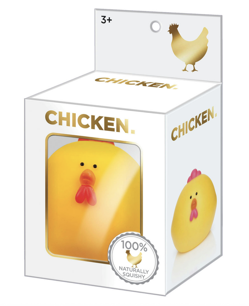 The 100% Naturally Squishy Chicken sensory toy packaged in a white box with clear window. 