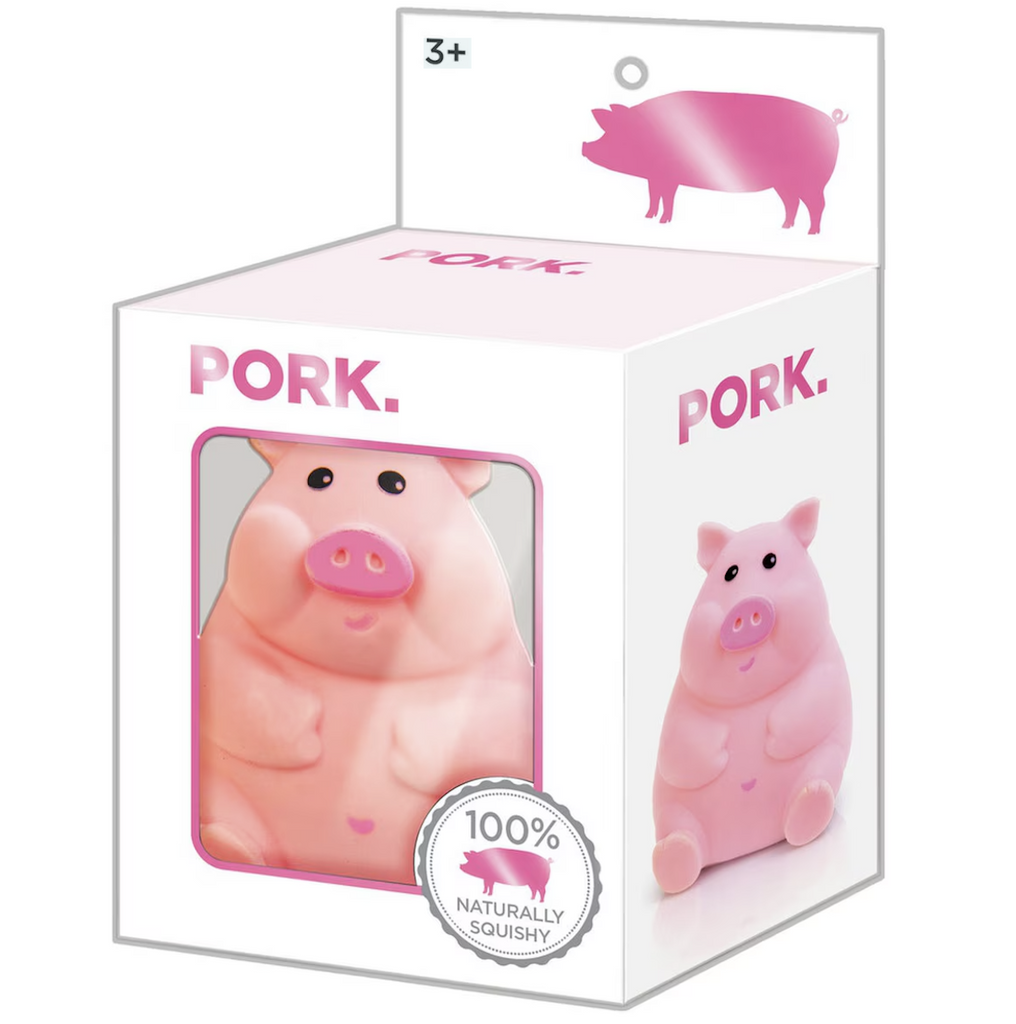 The 100% Naturally Squishy Pork sensory toy shaped like a pig, packaged in a white box with a clear window on the front that allows you to see the adorable squishy pig inside. 