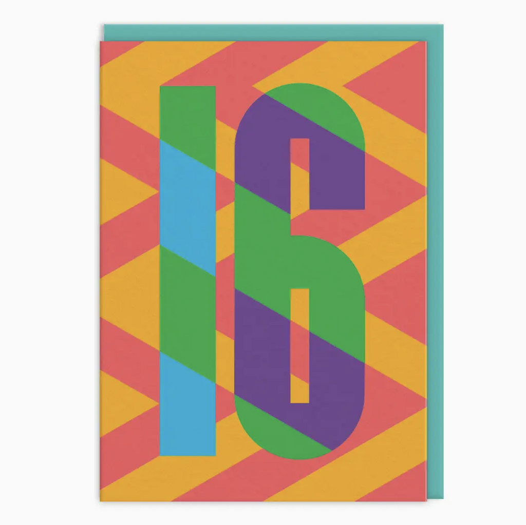 Greeting card cover with brigh, bold colors and geometric patterns with the number 16. 