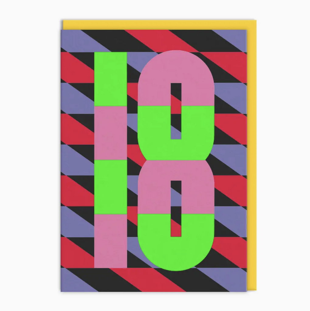 Bright, bold colors and geometric pattern with the number 18 on the cover of this greeting card. 