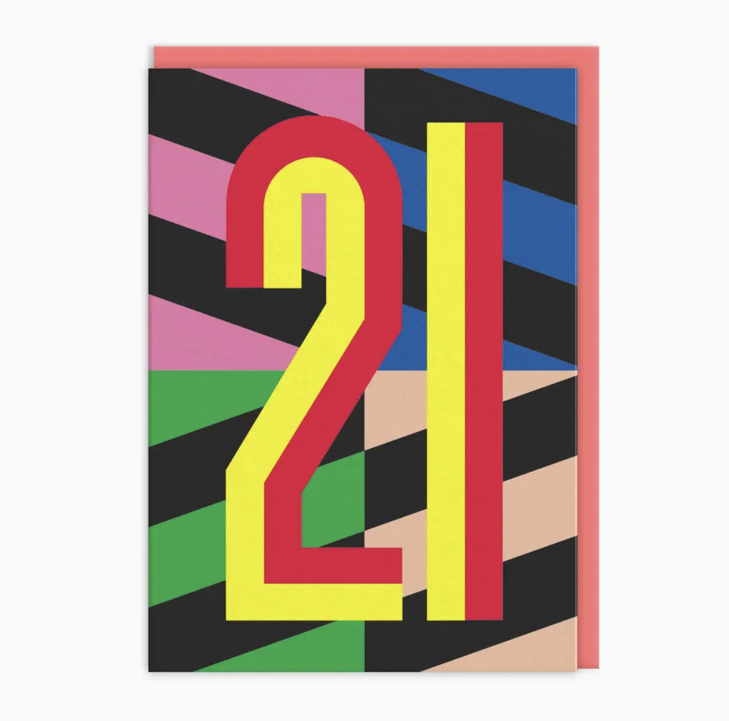 The number 21 in bright and bold colors on top of contrasting colors in a geometric pattern. 