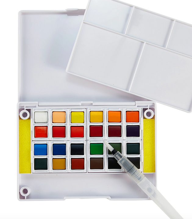 This self-contained set has concentrated color that lasts and lasts! Includes 24 concentrated watercolor cakes, cleaning sponge, medium-sized water brush pen in a compact plastic travel case with a removable palette and built-in foldable holding ring. 