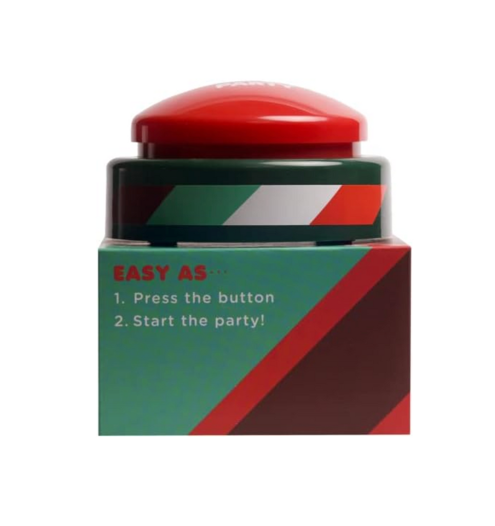 Red button with green and red striped box that reads "Easy AS: 1. Press the button. 2. Start the party!
