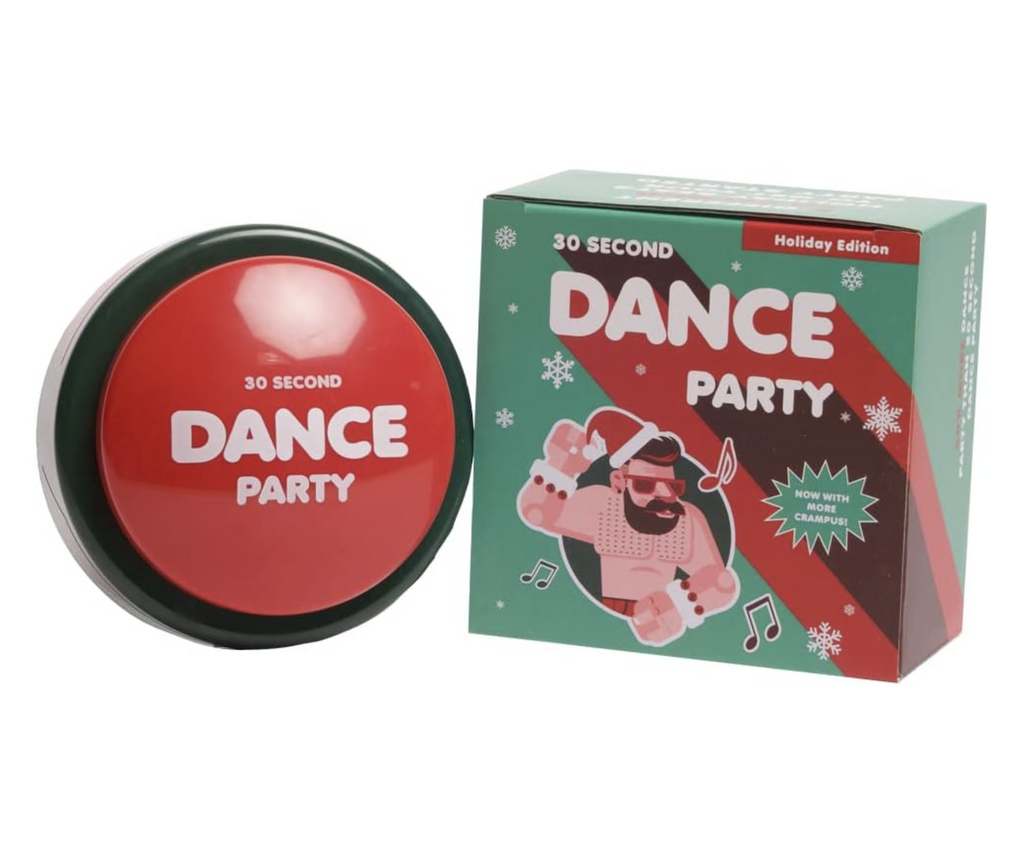 Big red buzzer button that reads "30 Second Dance Party" in white lettering sitting beside the box with a bright red stripe on a green background with snowflakes scattered around and an illustrated drawing of a buff dude wearing sunglasses and a Santa hat. 