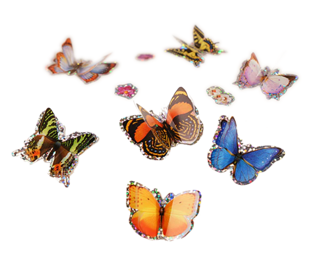 Various brightly colored 3D butterfly stickers. 